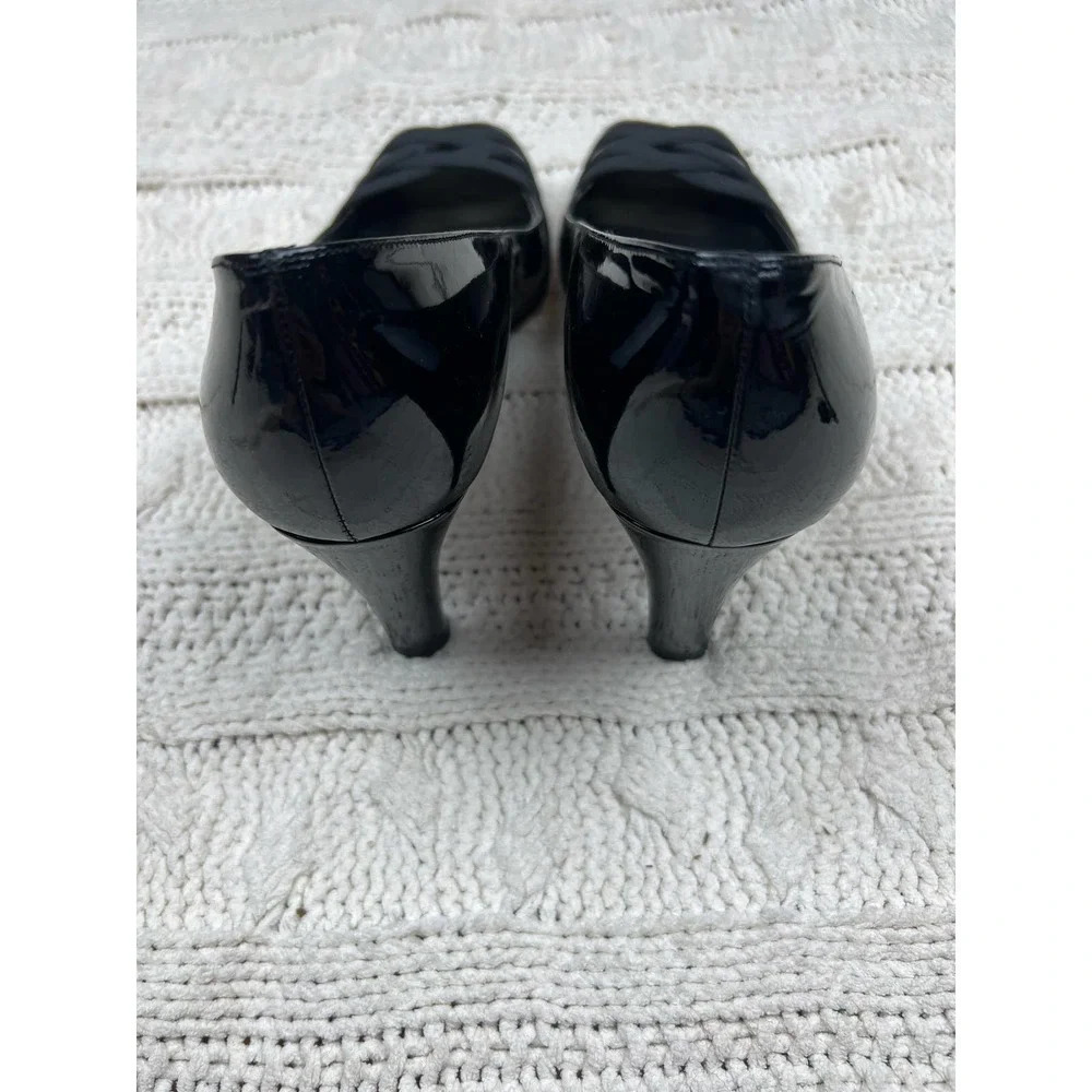 Stuart Weitzman Black Leather Heels Peep Toe Ribbon Size 9.5 - Picture 7 of 8